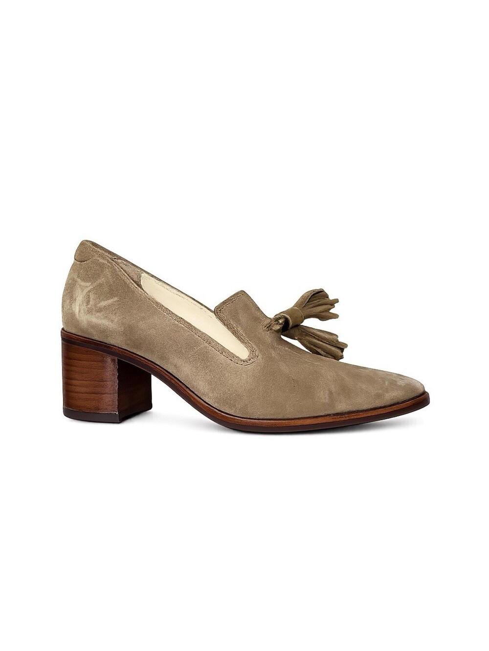 Frye Almo Suede Tassel Block Heel Loafers Women’s 7M Taupe Pointed Toe Shoes